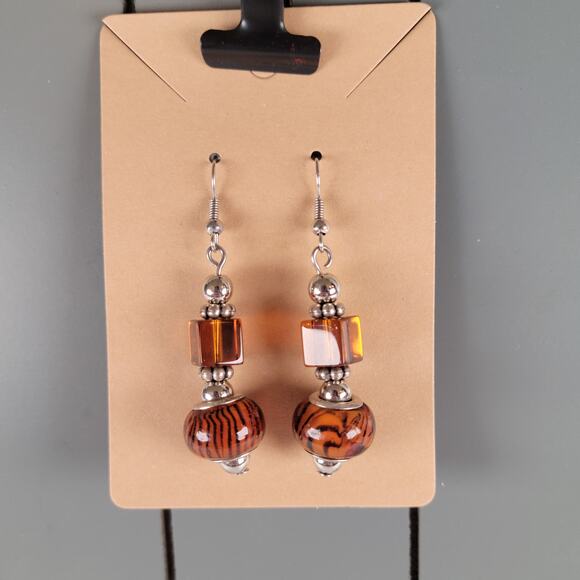 Brown Glass Bead Dangle Earrings Pierced Silver Tone Boho Drop Jewelry Gift Bag - Picture 2 of 12